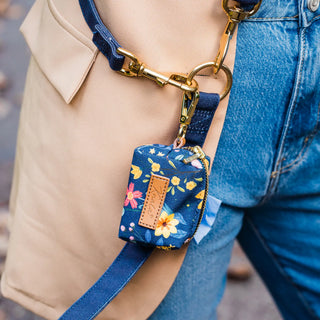 Knala Sea Blue waste bag holder clipped to a lead, with a dachshund on stone steps