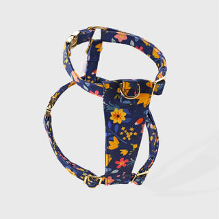 Knala Floral Blue dog harness in Medium on a white background packshot.
