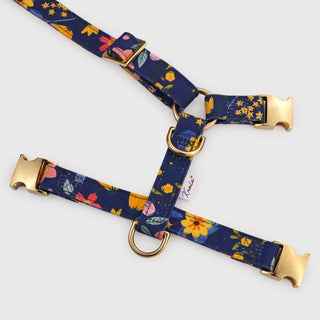 Knala Floral Blue dog harness in Medium showing back laid flat.