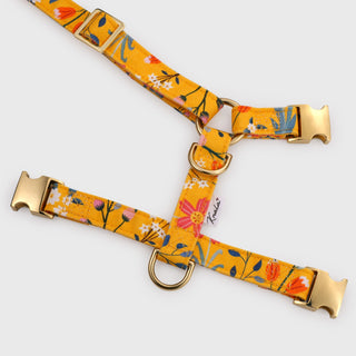 Knala Floral Yellow dog harness in Medium showing back laid flat.
