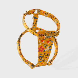 Knala Floral Yellow dog harness in Medium on a white background packshot. 