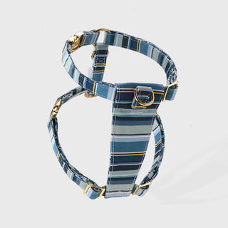 Knala Sea Blue Stripe dog harness in Medium on a white background packshot.