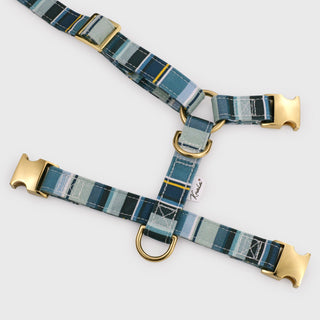 Knala Sea Blue Stripe dog harness in Medium showing back laid flat.