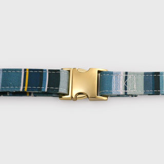 Knala Sea Blue Stripe dog harness hardware close-up on white background