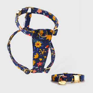 Knala Floral Blue Harness and Collar Set - harness and collar in blue floral bamboo webbing with gold hardware