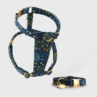 Knala Green Foliage Harness and Collar Set - harness and collar in leaf and stem print bamboo webbing with gold hardware