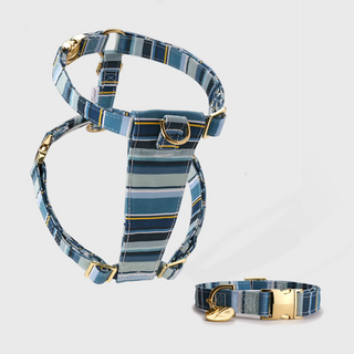 Knala Sea Blue Stripe Harness and Collar Set - harness and collar in blue stripe bamboo webbing with gold hardware