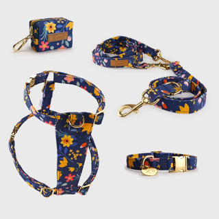 Knala Floral Blue walking set - harness, cafè lead and poo bag holder in navy blue botanical print with gold hardware