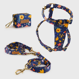 Knala Floral Blue walking set - harness, multipurpose lead and poo bag holder in navy blue botanical print with gold hardware