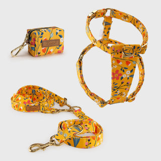 Knala Floral Yellow walking set - harness, multipurpose lead and poo bag holder in yellow wildflower print organic cotton with gold hardware