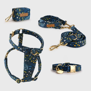 Knala Green Foliage walking set - harness, cafè lead and poo bag holder in dark green botanical print organic cotton with gold hardware