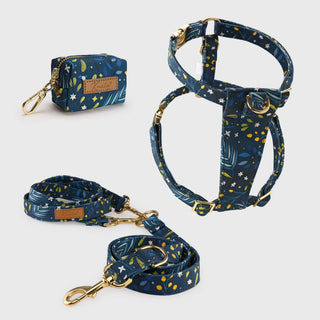 Knala Green Foliage walking set - harness, multipurpose lead and poo bag holder in dark green botanical print organic cotton with gold hardware