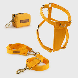 Knala Honey Yellow walking set - harness, multipurpose lead and poo bag holder in warm yellow organic cotton with gold hardware