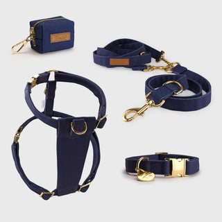 Knala Midnight Blue walking set - harness, cafè lead and poo bag holder in midnight blue organic cotton with gold hardware