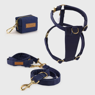 Knala Midnight Blue walking set - harness, multipurpose lead and poo bag holder in midnight blue organic cotton with gold hardware
