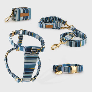 Knala Sea Blue Stripe walking set - harness, cafè lead and poo bag holder in blue stripe organic cotton with gold hardware