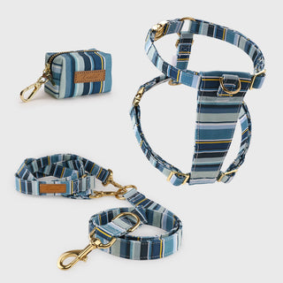 Knala Sea Blue Stripe walking set - harness, multipurpose lead and poo bag holder in blue stripe organic cotton with gold hardware